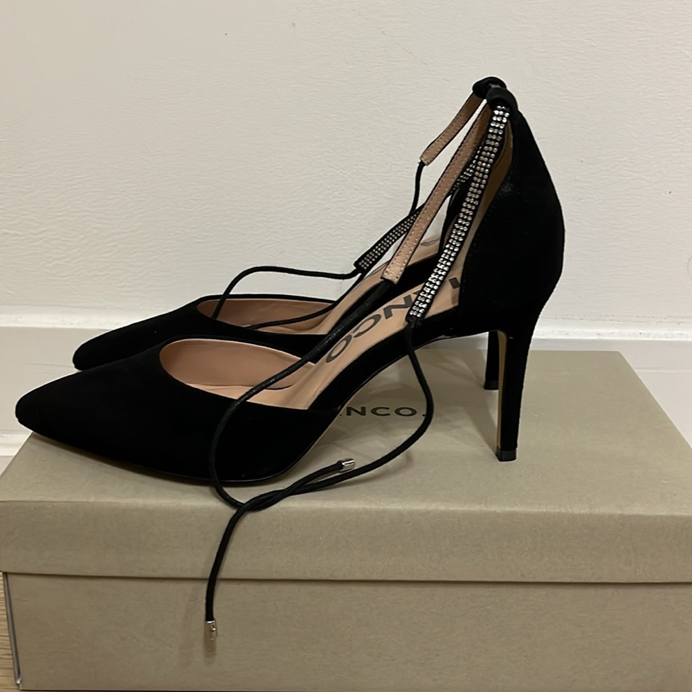 Never Worn! Bianco Ankle Strap Black Suede Pump Stiletto